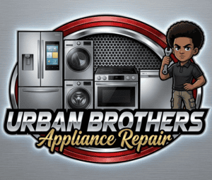 Urban Brothers Appliance Repair logo with refrigerator, washer, dryer, and oven illustration