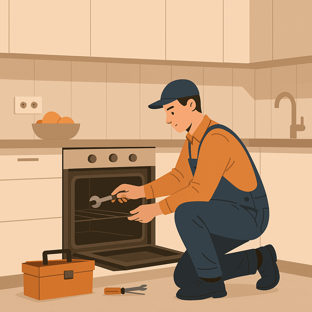 Technician repairing oven not heating in Mesquite Dallas area by Urban Brothers Appliance Repair