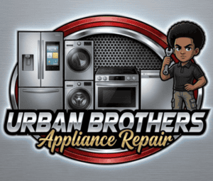 Urban Brothers Appliance Repair logo with refrigerator, washer, dryer, and oven illustration